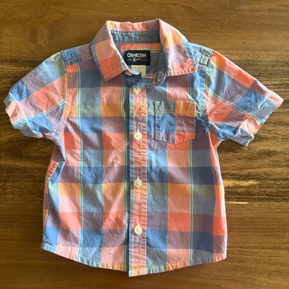OshKosh Coral & Blue Plaid Button-Up Shirt Boys' 12 Months - Picture 1 of 10